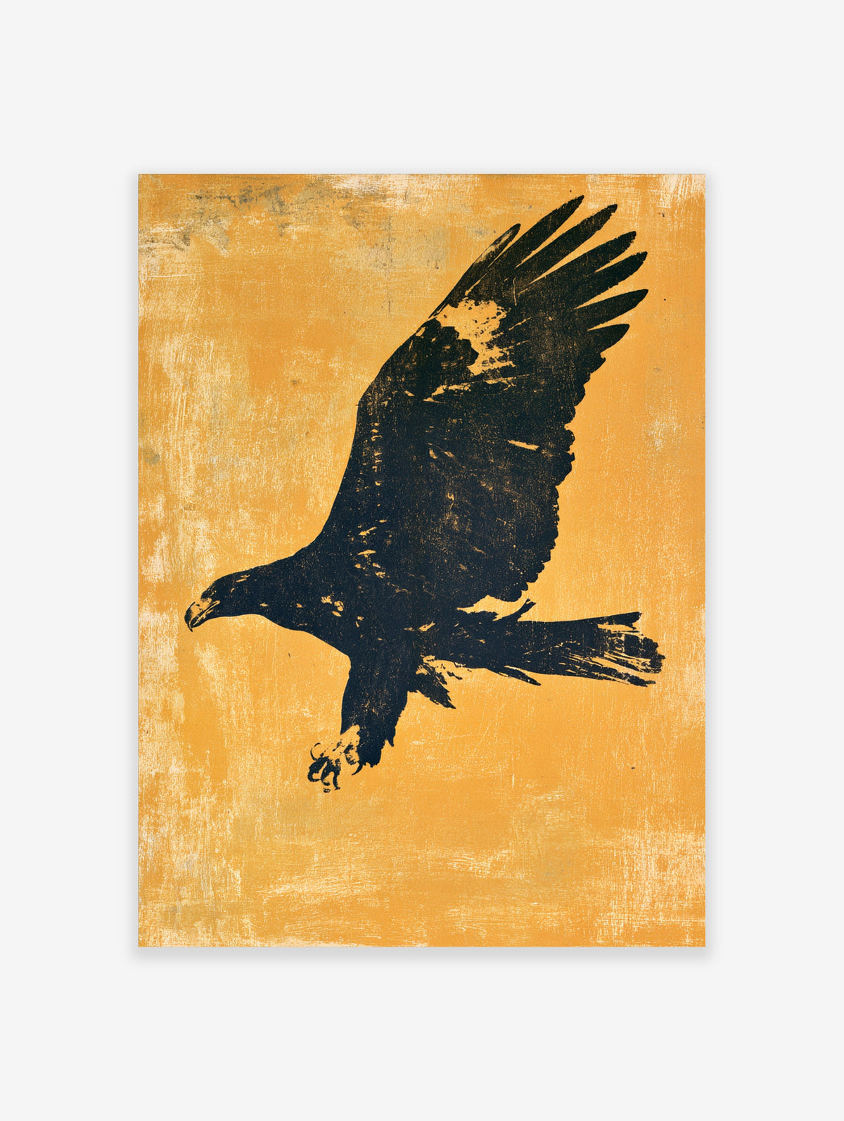 Black eagle in flight silhouette on textured yellow background, bird poster art print