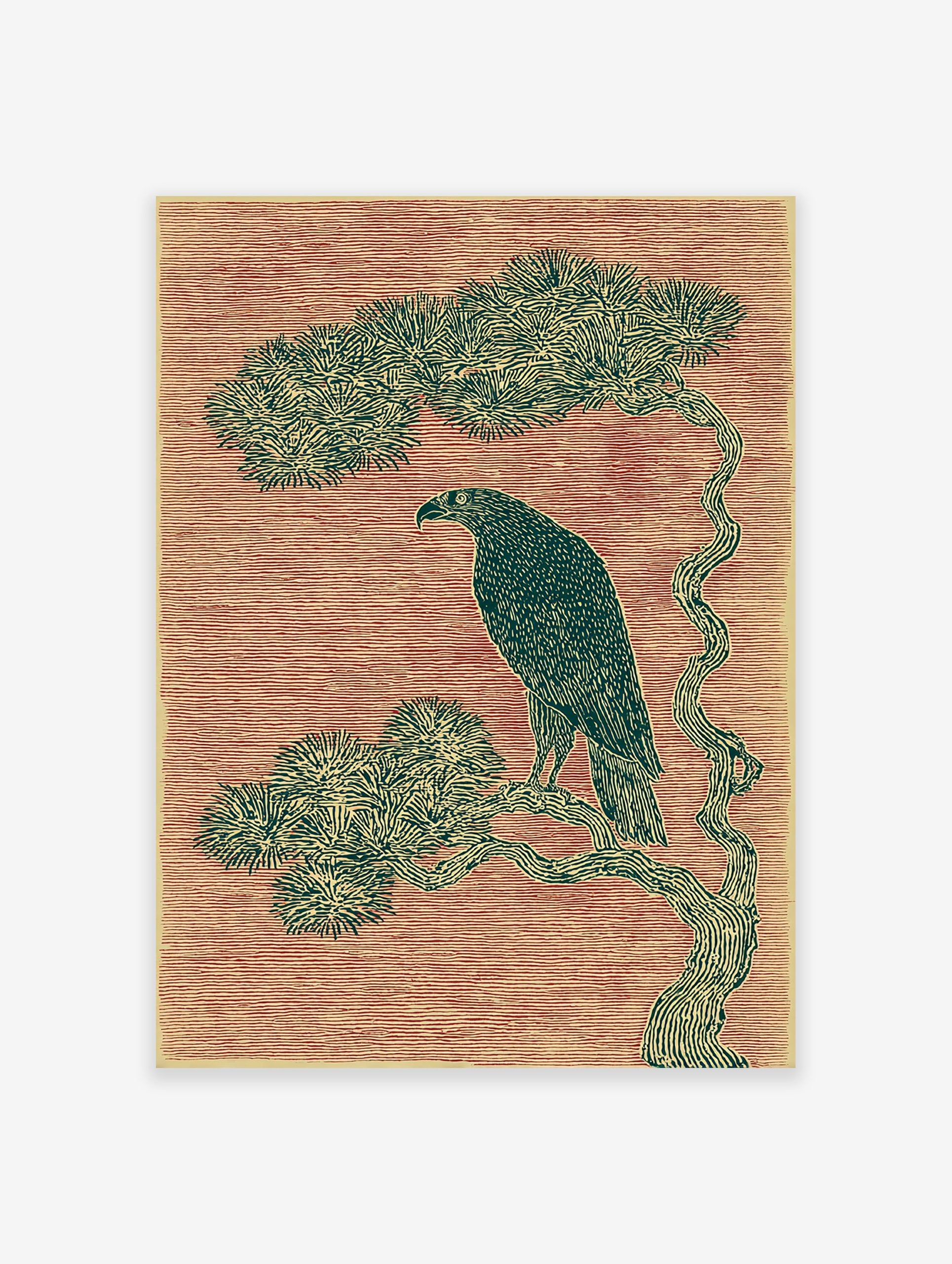 Eagle wall art illustration of a majestic bird perched on a pine tree branch against a red textured background in woodcut style.