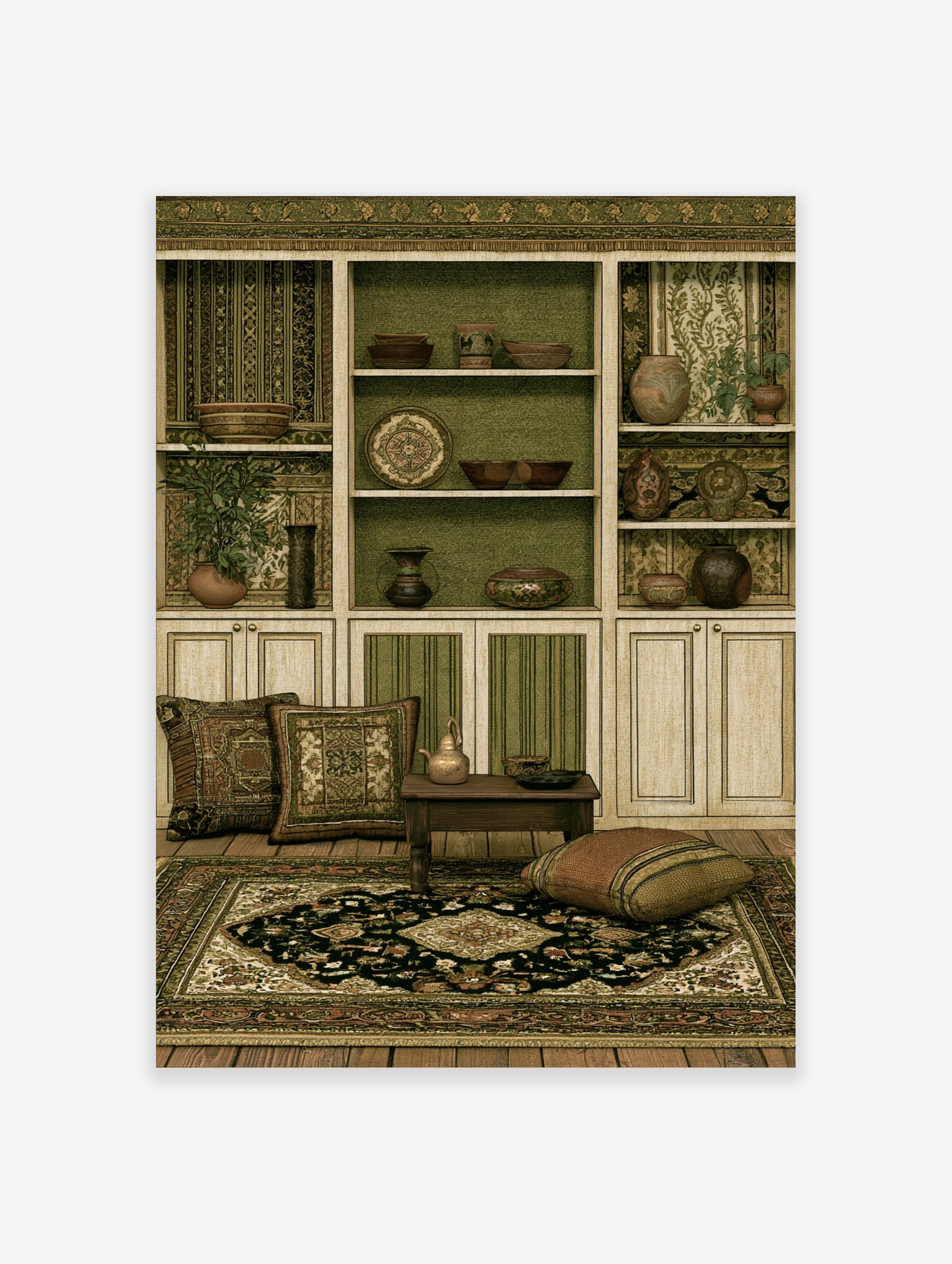 Illustrative wall art print of an ornate built-in shelf filled with pottery and ceramics in earthy green tones