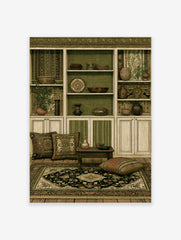 Illustrative wall art print of an ornate built-in shelf filled with pottery and ceramics in earthy green tones