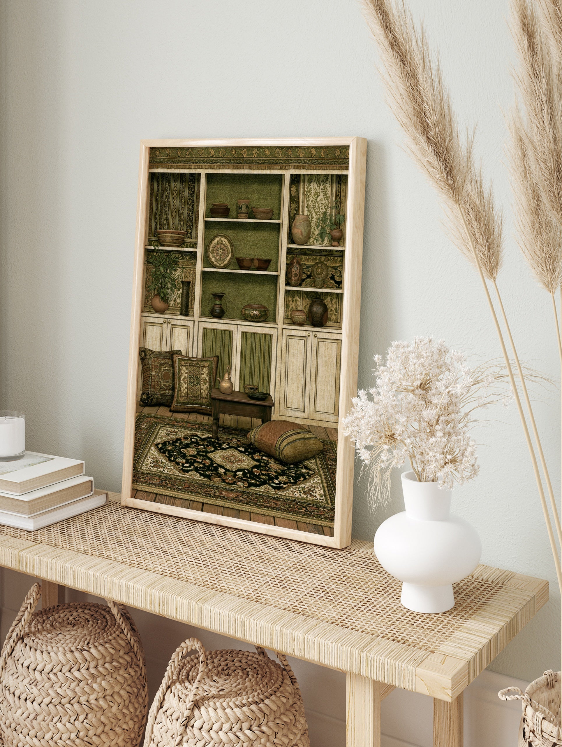 Illustrative wall art print of an ornate built-in shelf filled with pottery and ceramics in, in an alternate framed mockup
