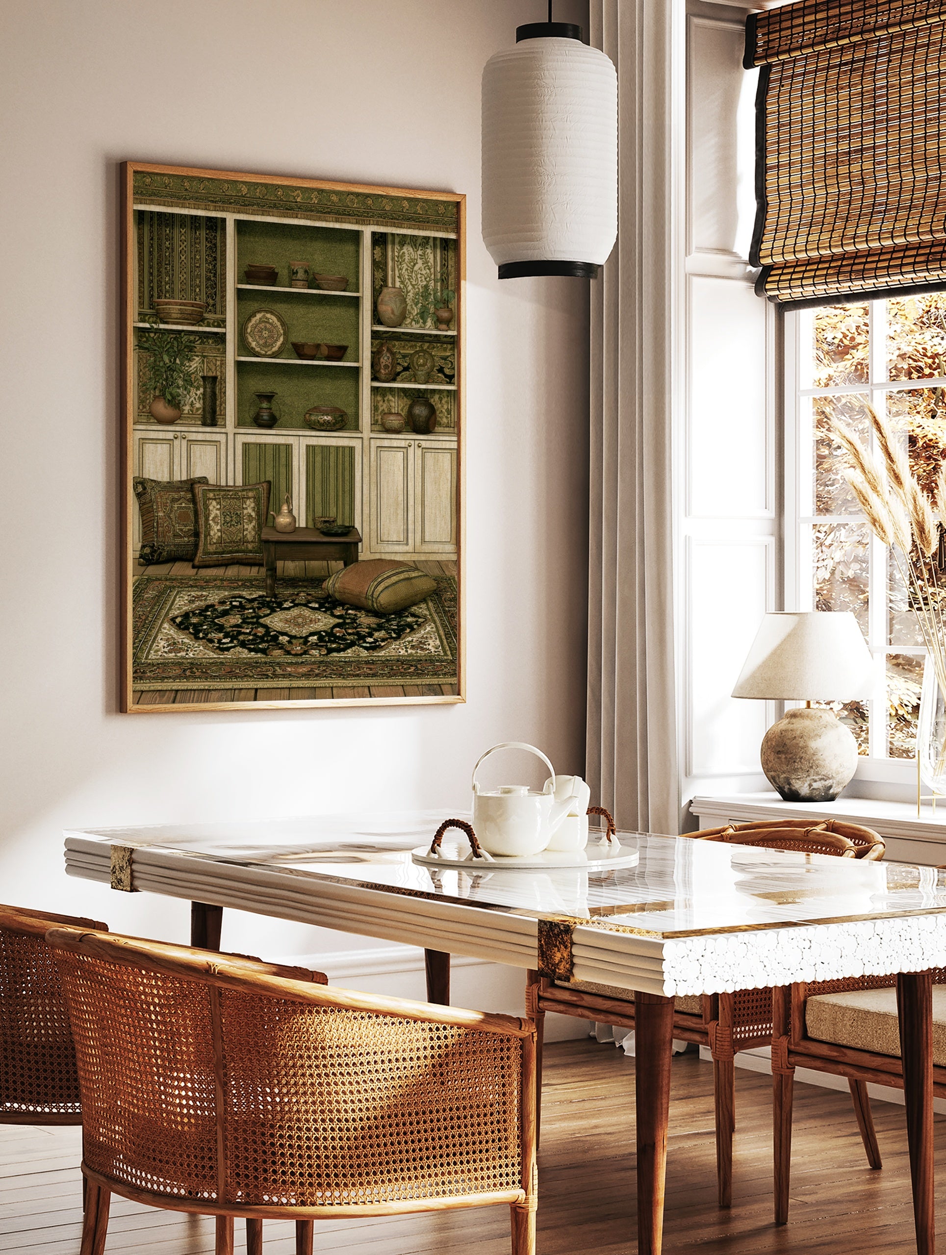 Illustrative wall art print of an ornate built-in shelf filled with pottery and ceramics in earthy, in a styled room mockup