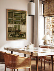 Illustrative wall art print of an ornate built-in shelf filled with pottery and ceramics in earthy, in a styled room mockup