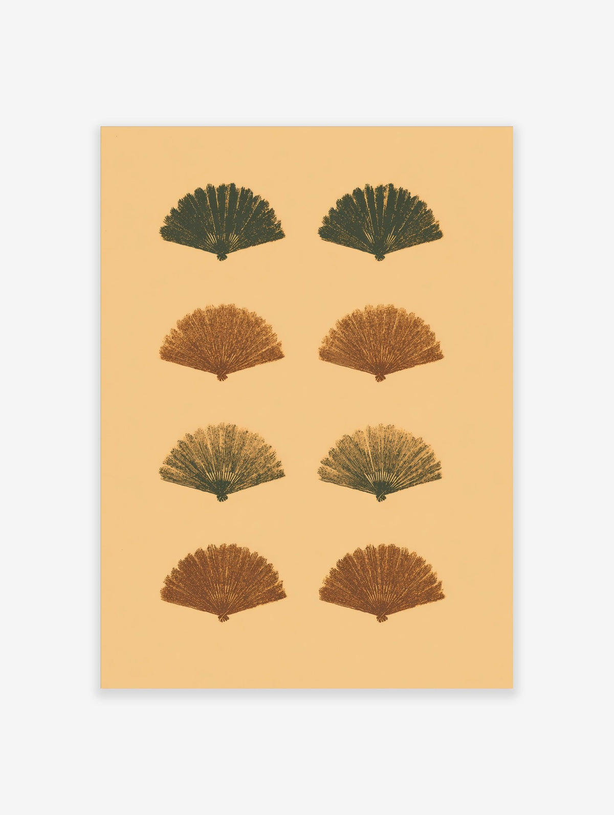 Eight stylized fan shapes in dark green and reddish-brown on a light beige background, arranged in a grid
