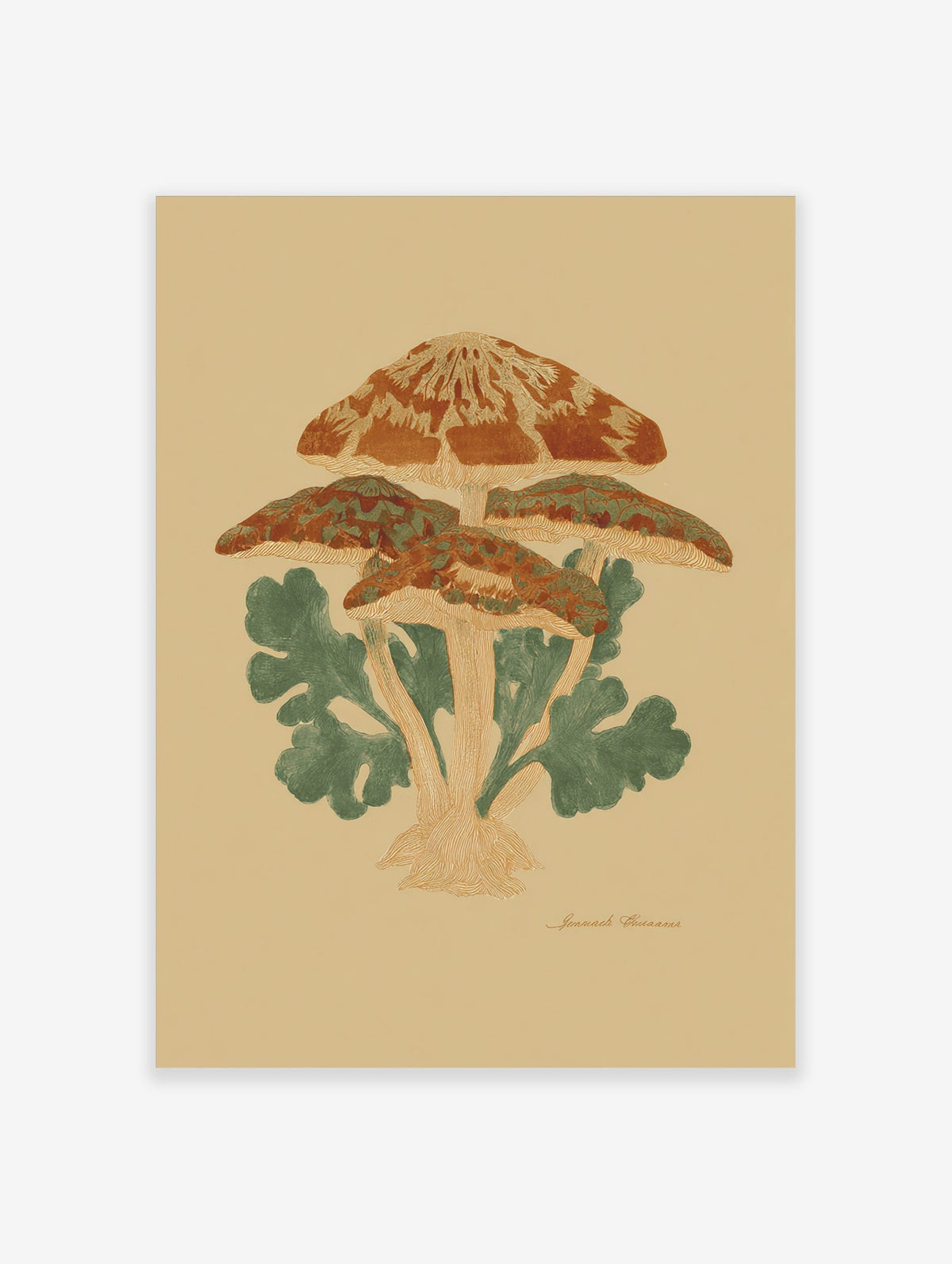 Illustrative botanical print of a cluster of orange-brown mushrooms with green leaves on a beige background