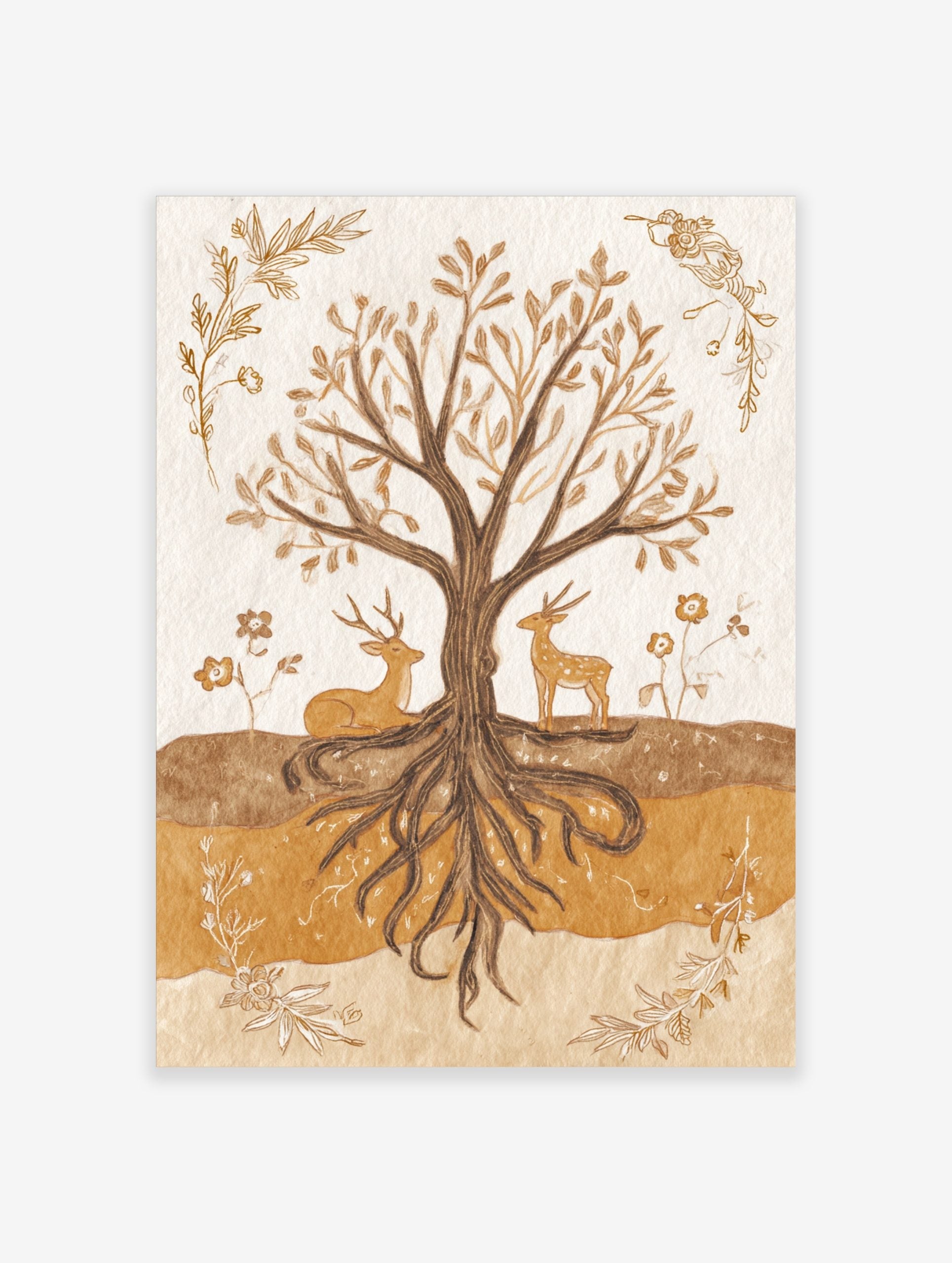 Earthy illustration of a tree with exposed roots, a resting deer, and a standing deer, framed by botanical elements