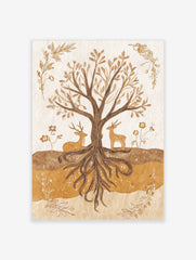 Earthy illustration of a tree with exposed roots, a resting deer, and a standing deer, framed by botanical elements