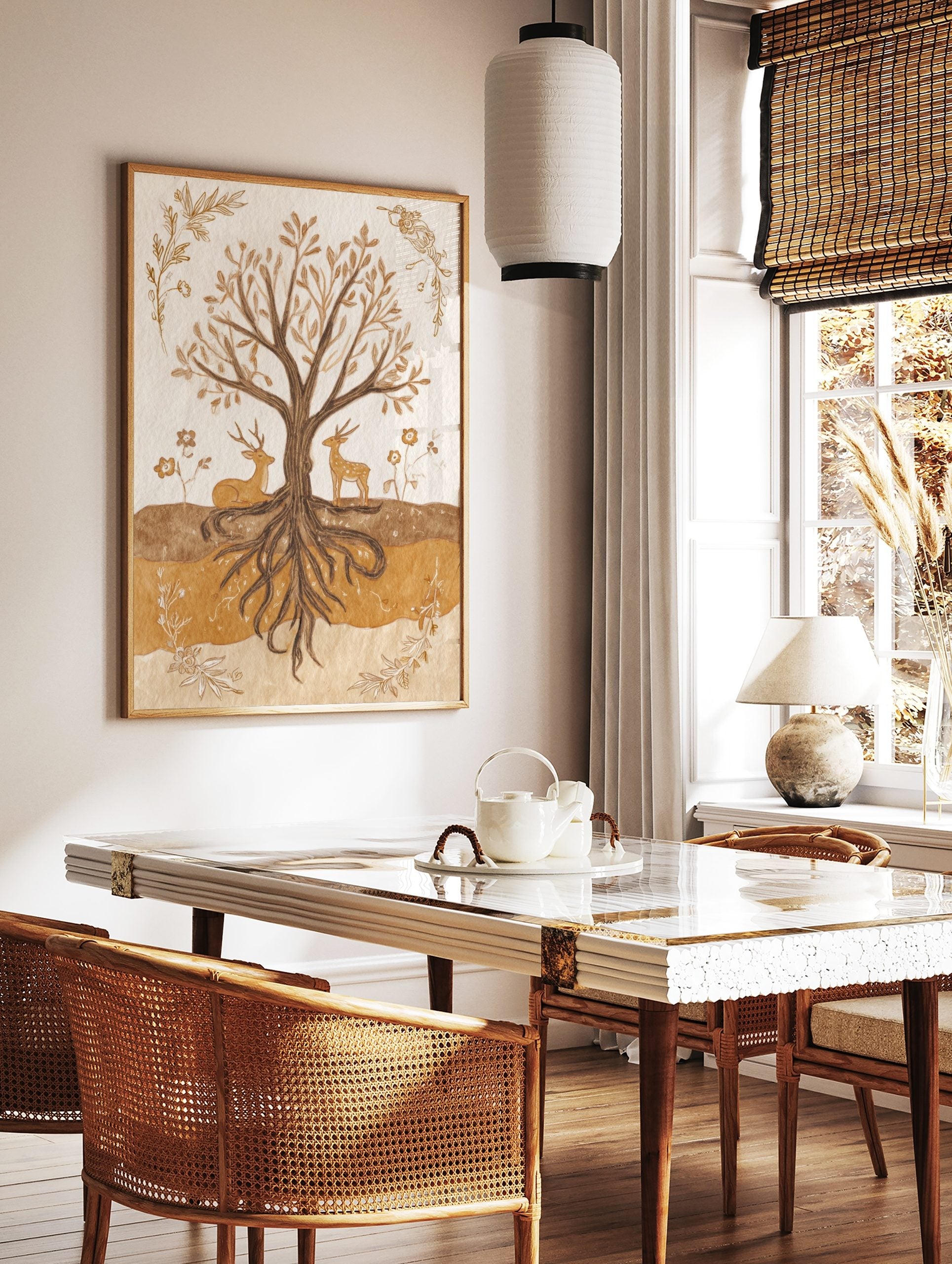 Earthy illustration of a tree with exposed roots, a resting deer, and a standing deer, framed by, in a styled room mockup