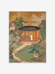 East Asian Garden Pavilion poster with two figures in a red building amidst a green garden, flowering trees, and a gold sky.