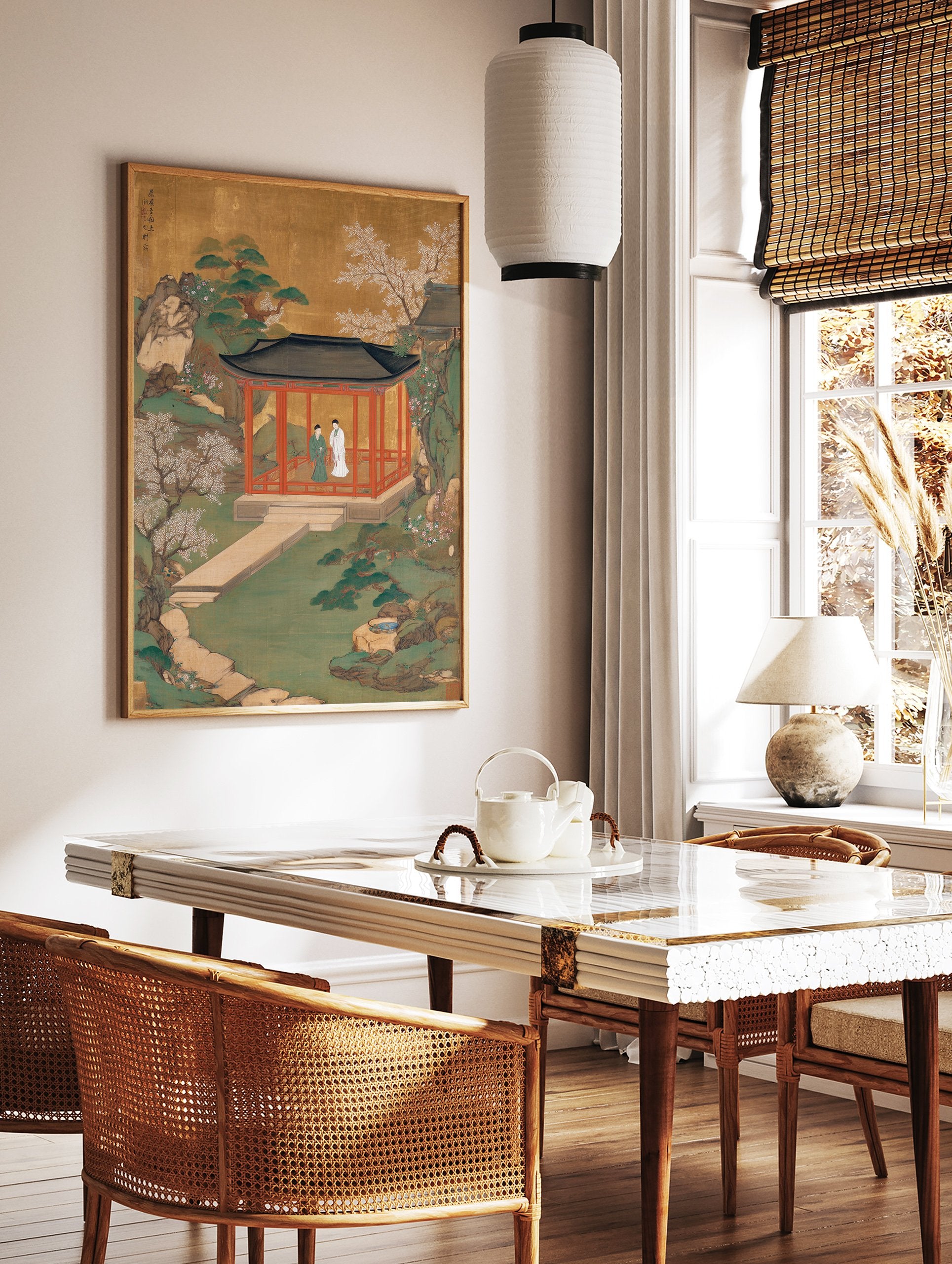 East Asian Garden Pavilion poster with two figures in a red building amidst a green garden, flowering trees, and a gold sky. - Image 2