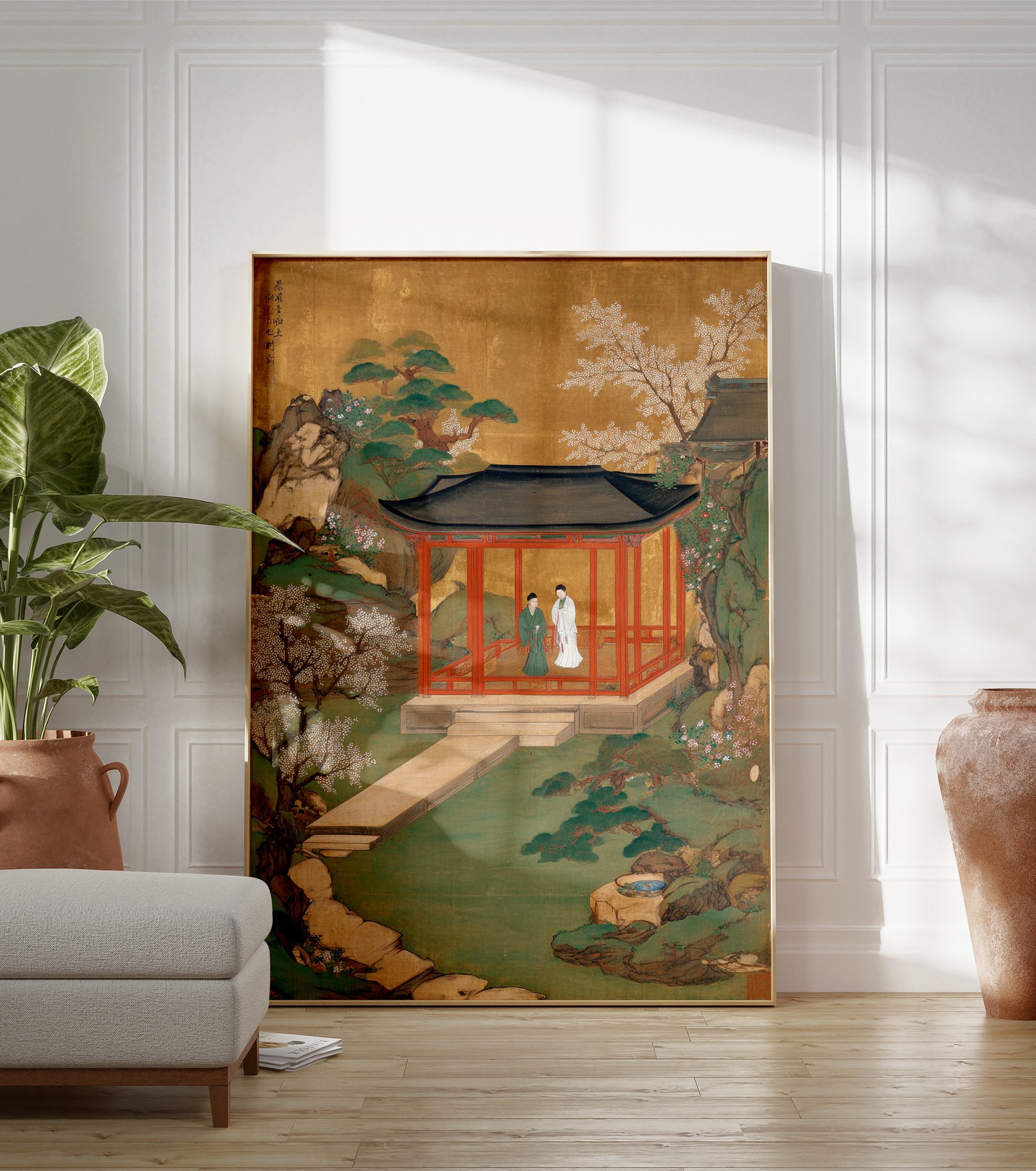East Asian Garden Pavilion poster with two figures in a red building amidst a green garden, flowering trees, and a gold sky. - Image 3