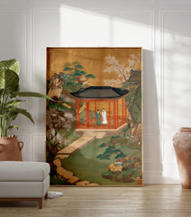 East Asian Garden Pavilion poster with two figures in a red building amidst a green garden, flowering trees, and a gold sky. - Image 3