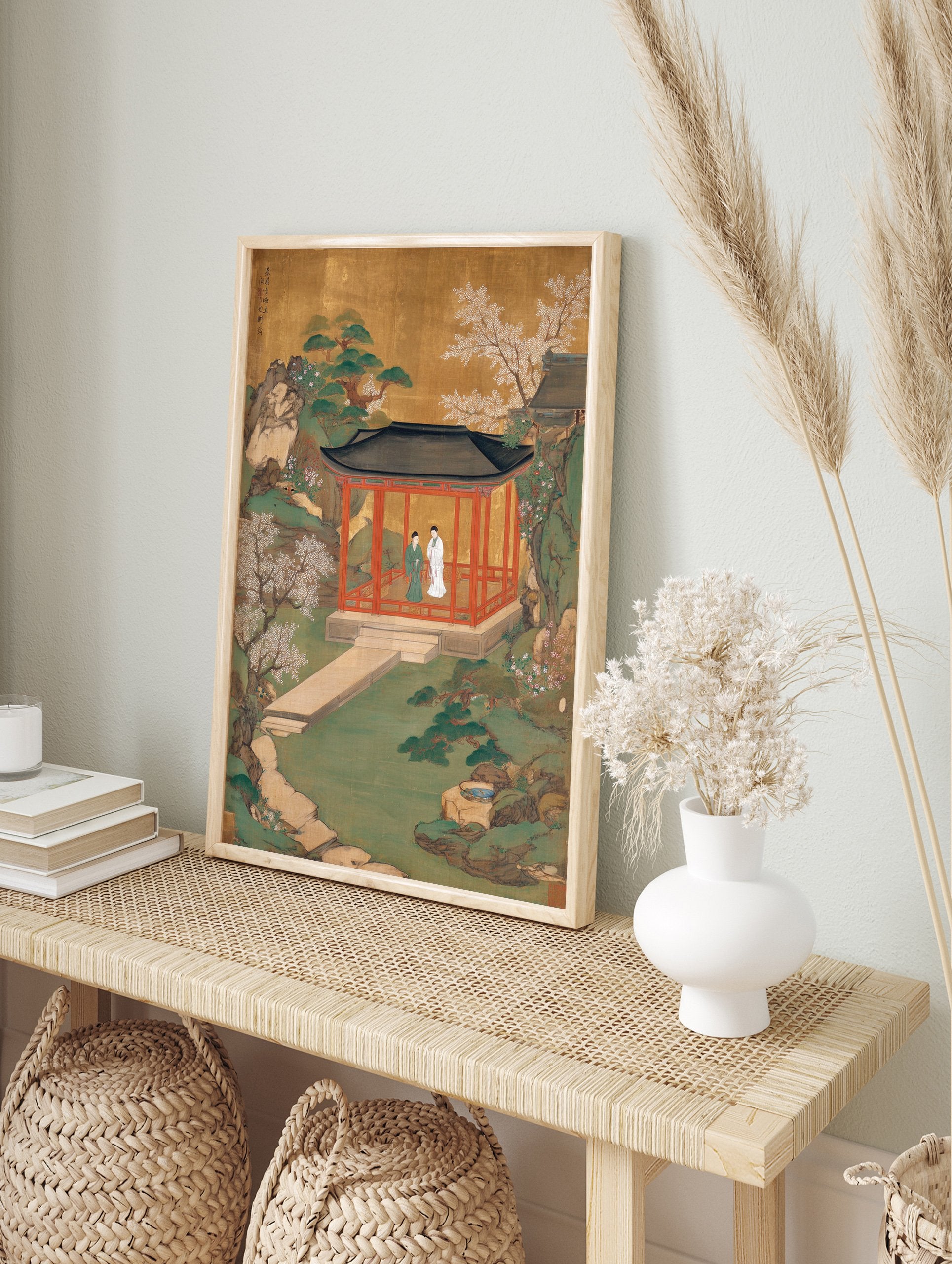 East Asian Garden Pavilion poster with two figures in a red building amidst a green garden, flowering trees, and a gold sky. - Image 4