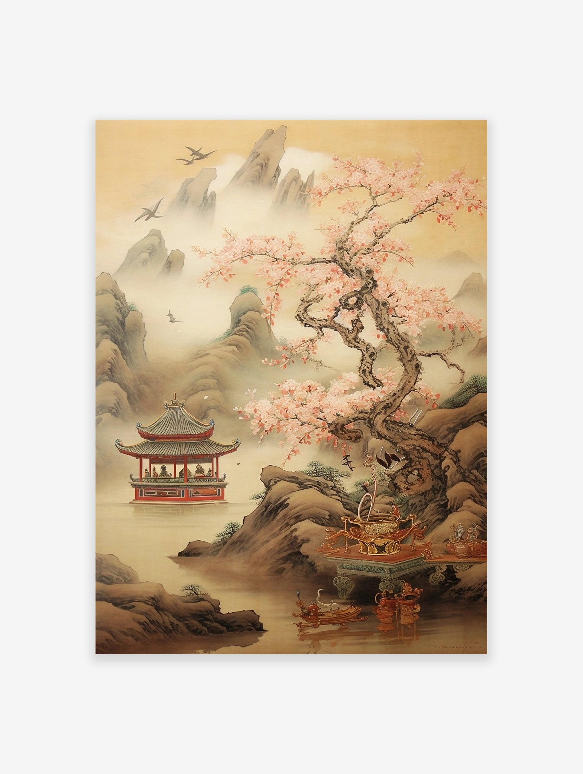 East Asian landscape poster with cherry blossom tree, red pagoda on water, misty mountains, and flying birds in traditional art style.
