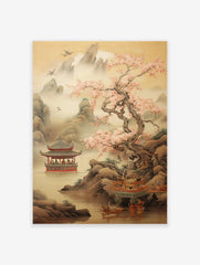 East Asian landscape poster with cherry blossom tree, red pagoda on water, misty mountains, and flying birds in traditional art style.