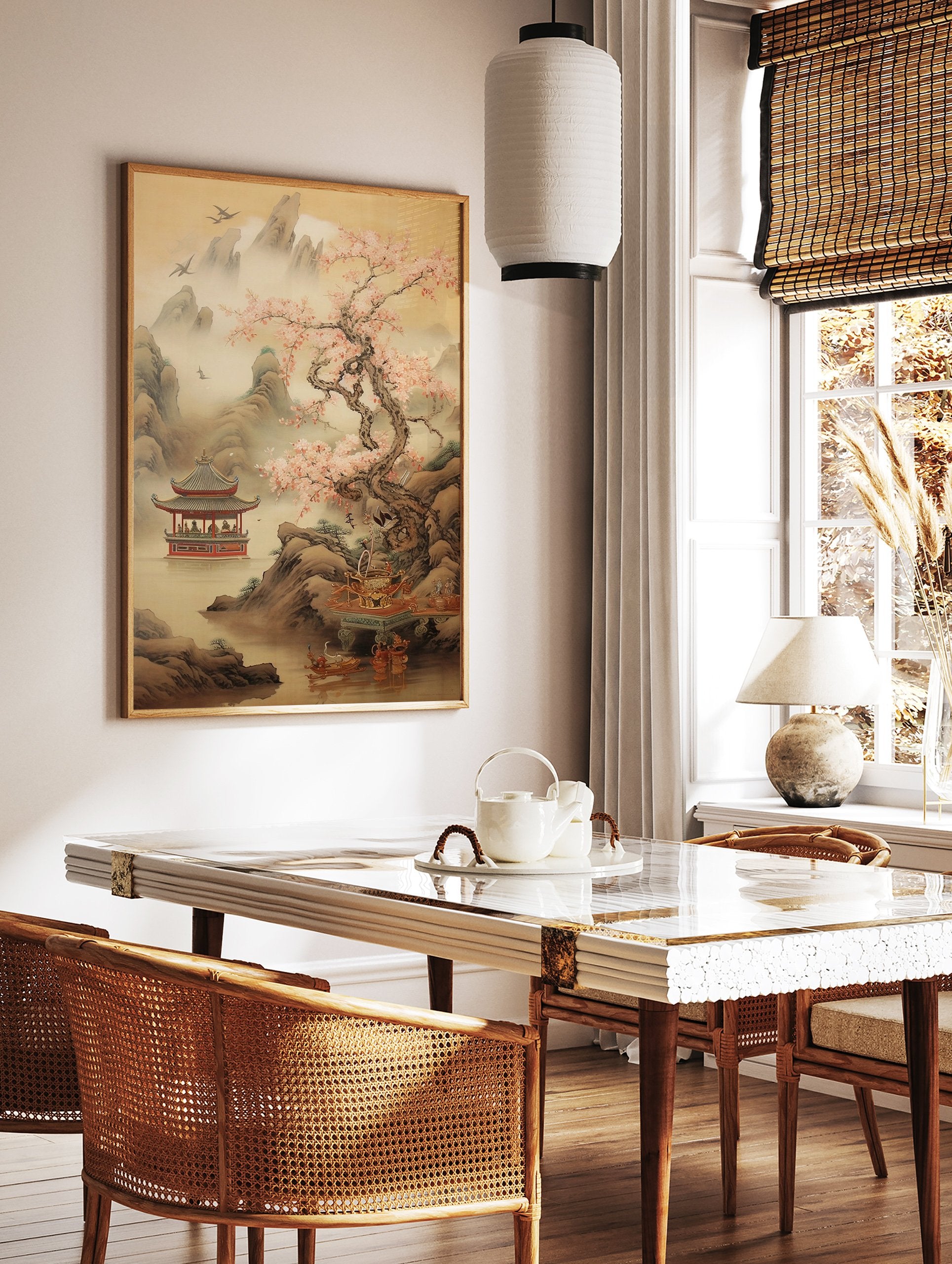 East Asian landscape poster with cherry blossom tree, red pagoda on water, misty mountains, and flying birds in traditional art style. - Image 2