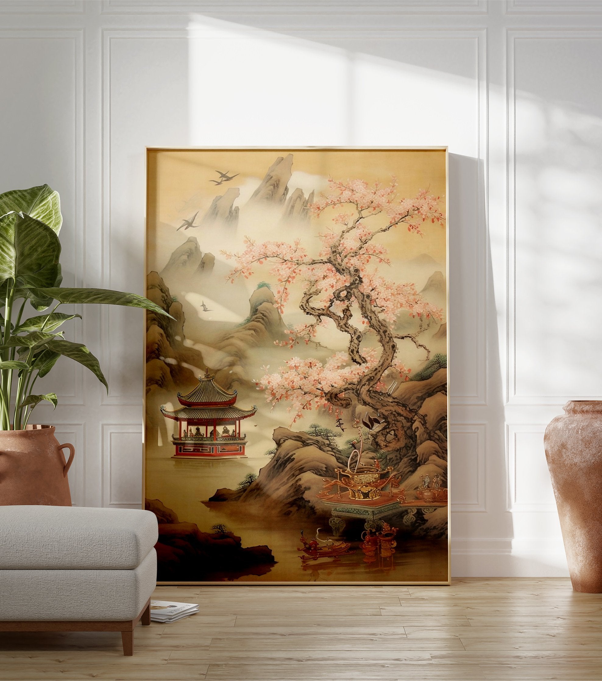 East Asian landscape poster with cherry blossom tree, red pagoda on water, misty mountains, and flying birds in traditional art style. - Image 3