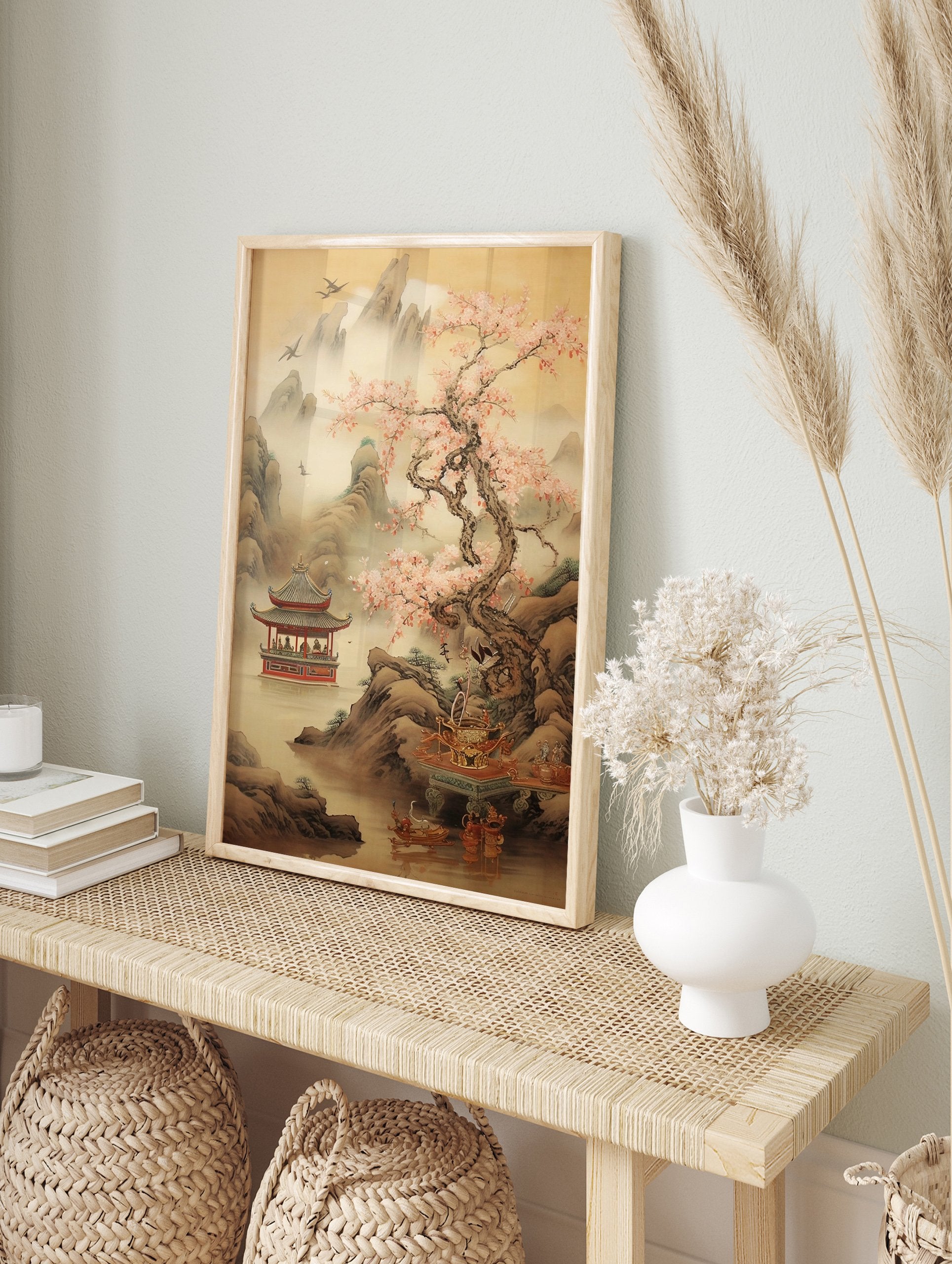East Asian landscape poster with cherry blossom tree, red pagoda on water, misty mountains, and flying birds in traditional art style. - Image 4