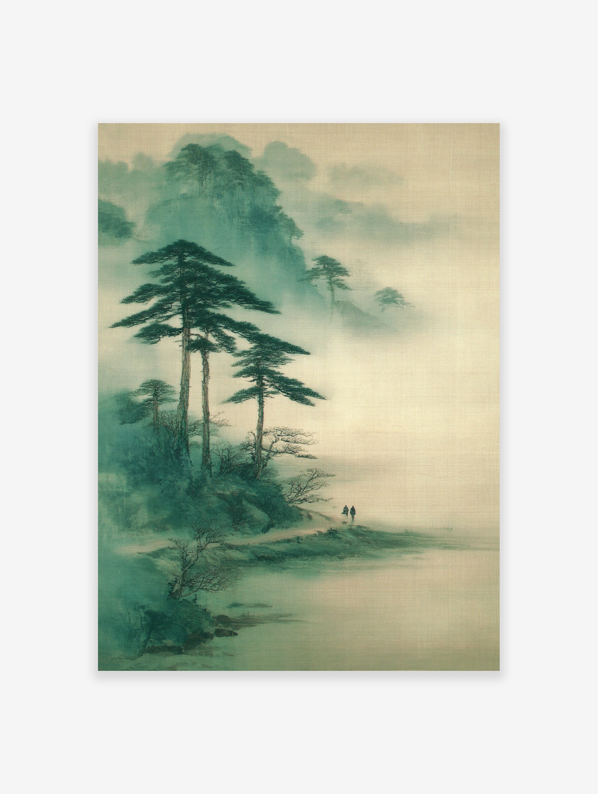 East Asian landscape wall art depicting misty green mountains, towering pine trees, and two figures walking on a path.