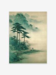East Asian landscape wall art depicting misty green mountains, towering pine trees, and two figures walking on a path.