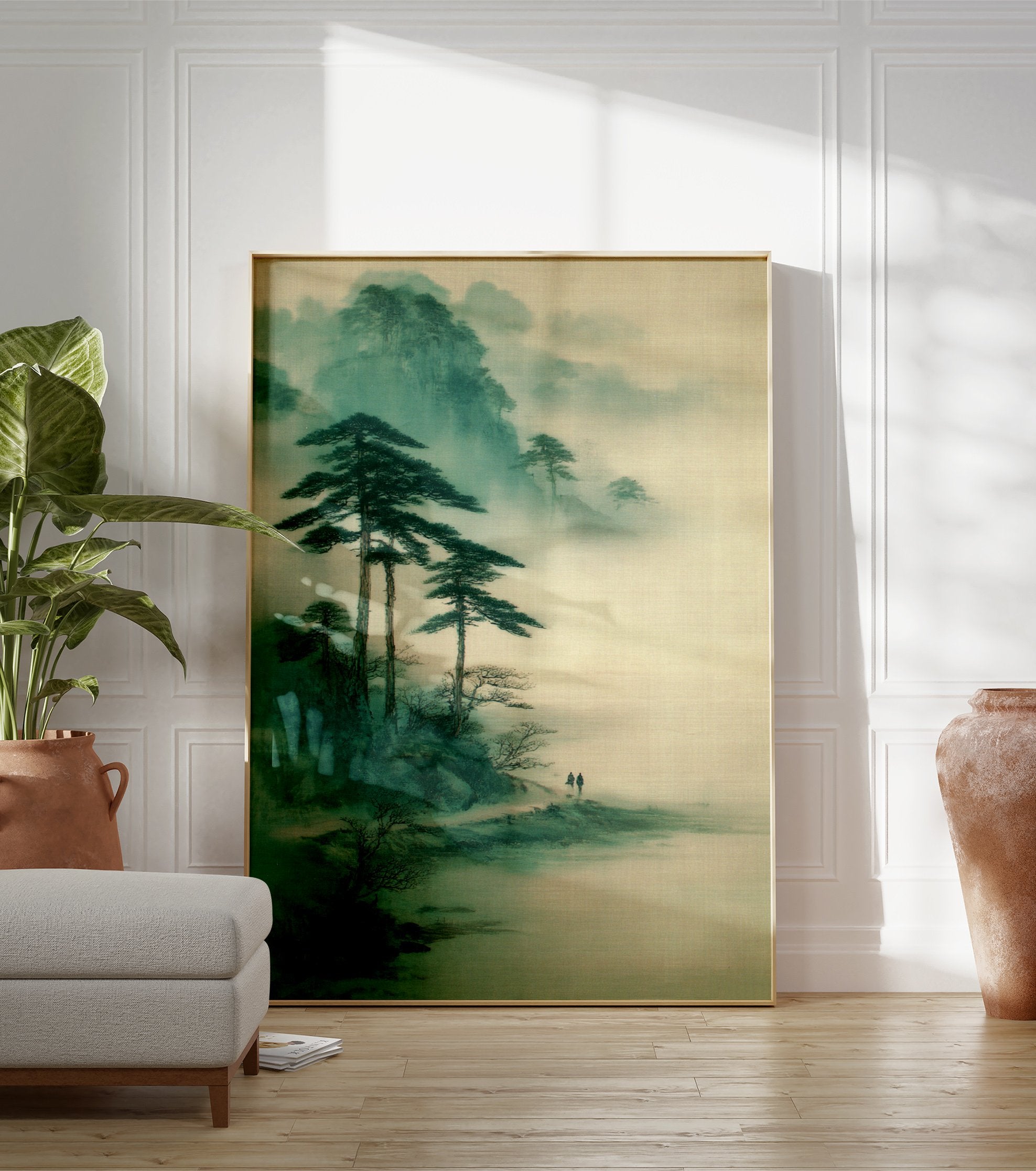 East Asian landscape wall art depicting misty green mountains, towering pine trees, and two figures walking on a path. - Image 3
