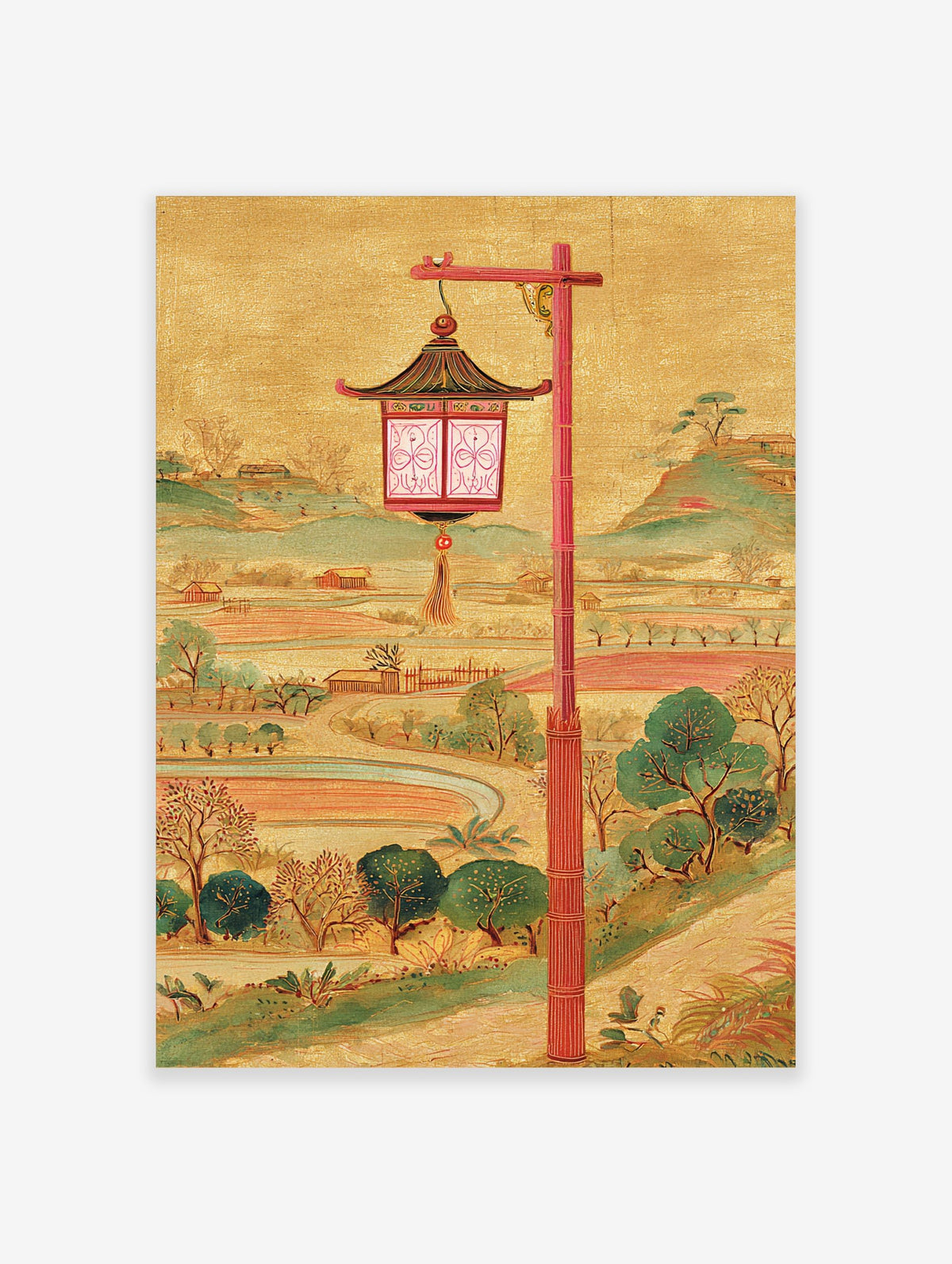 Illustrative East Asian lantern with red post, golden background, green hills, and fields
