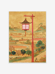 Illustrative East Asian lantern with red post, golden background, green hills, and fields