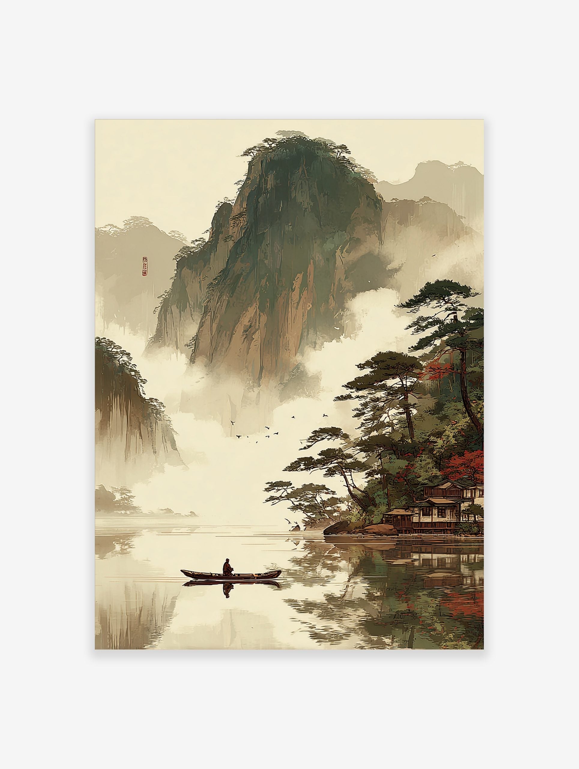 East Asian landscape art print with misty mountains, lake, person in boat, pine trees, and traditional buildings