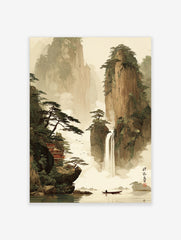 East Asian landscape art with tall mountains, waterfall, red temple, pine trees, and a person in a boat on water