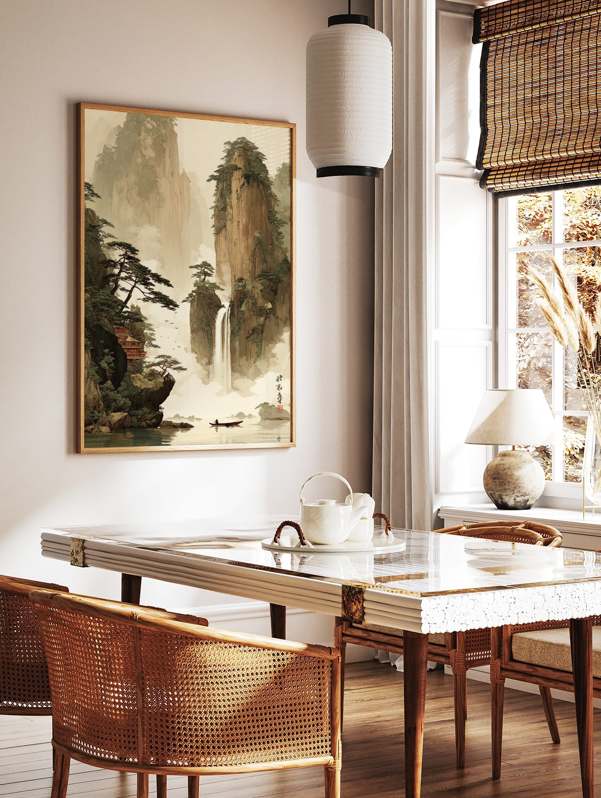 East Asian landscape art with tall mountains, waterfall, red temple, pine trees, and a person in a, in a styled room mockup