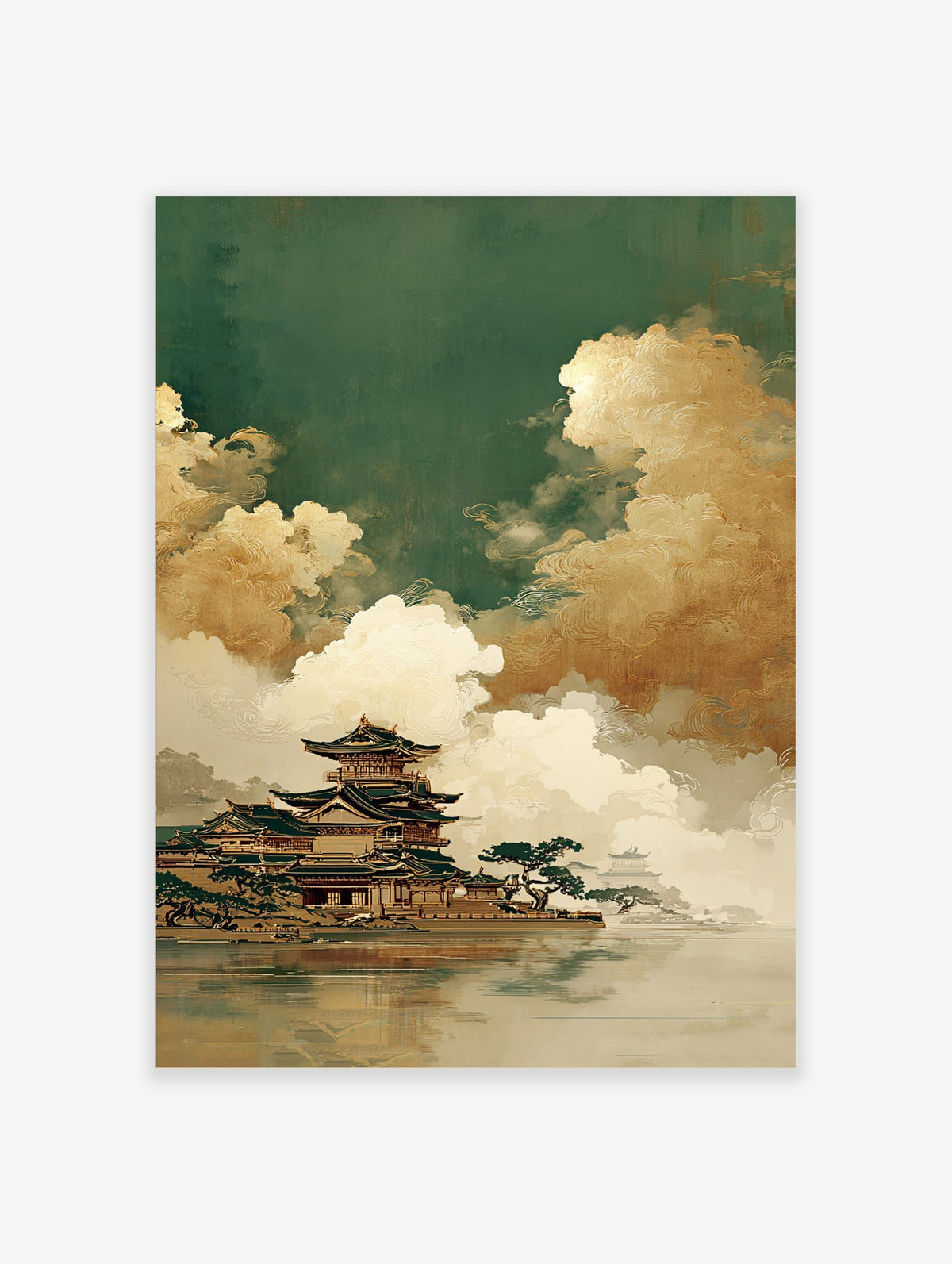 East Asian pagoda architecture by water with dramatic gold and white clouds in a traditional art style