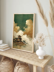 East Asian pagoda architecture by water with dramatic gold and white clouds in a traditional, in an alternate framed mockup