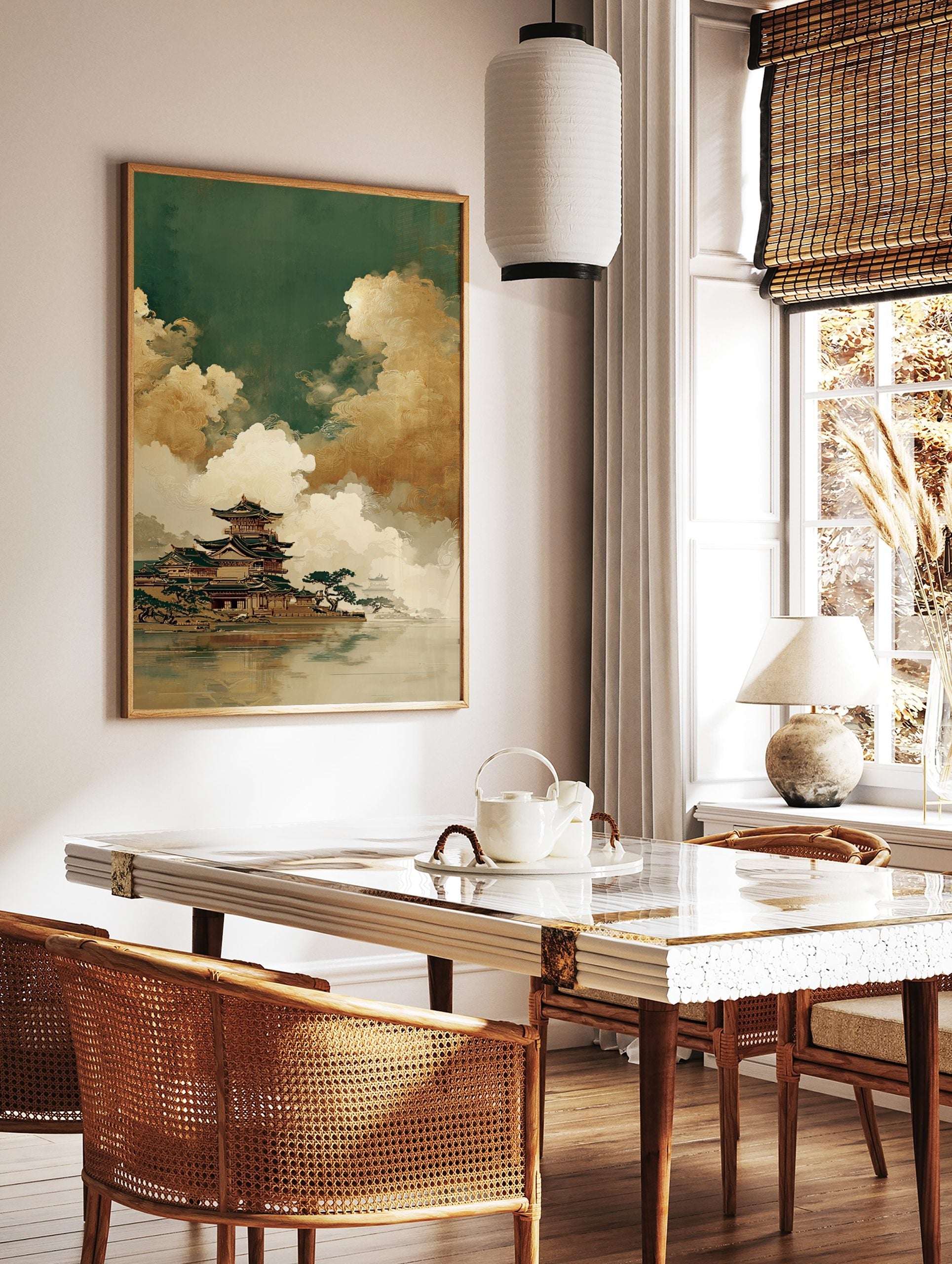 East Asian pagoda architecture by water with dramatic gold and white clouds in a traditional art, in a styled room mockup
