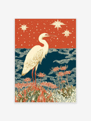 White egret bird standing in red spider lilies with blue water and a starry orange sky. Japanese egret wall art print.