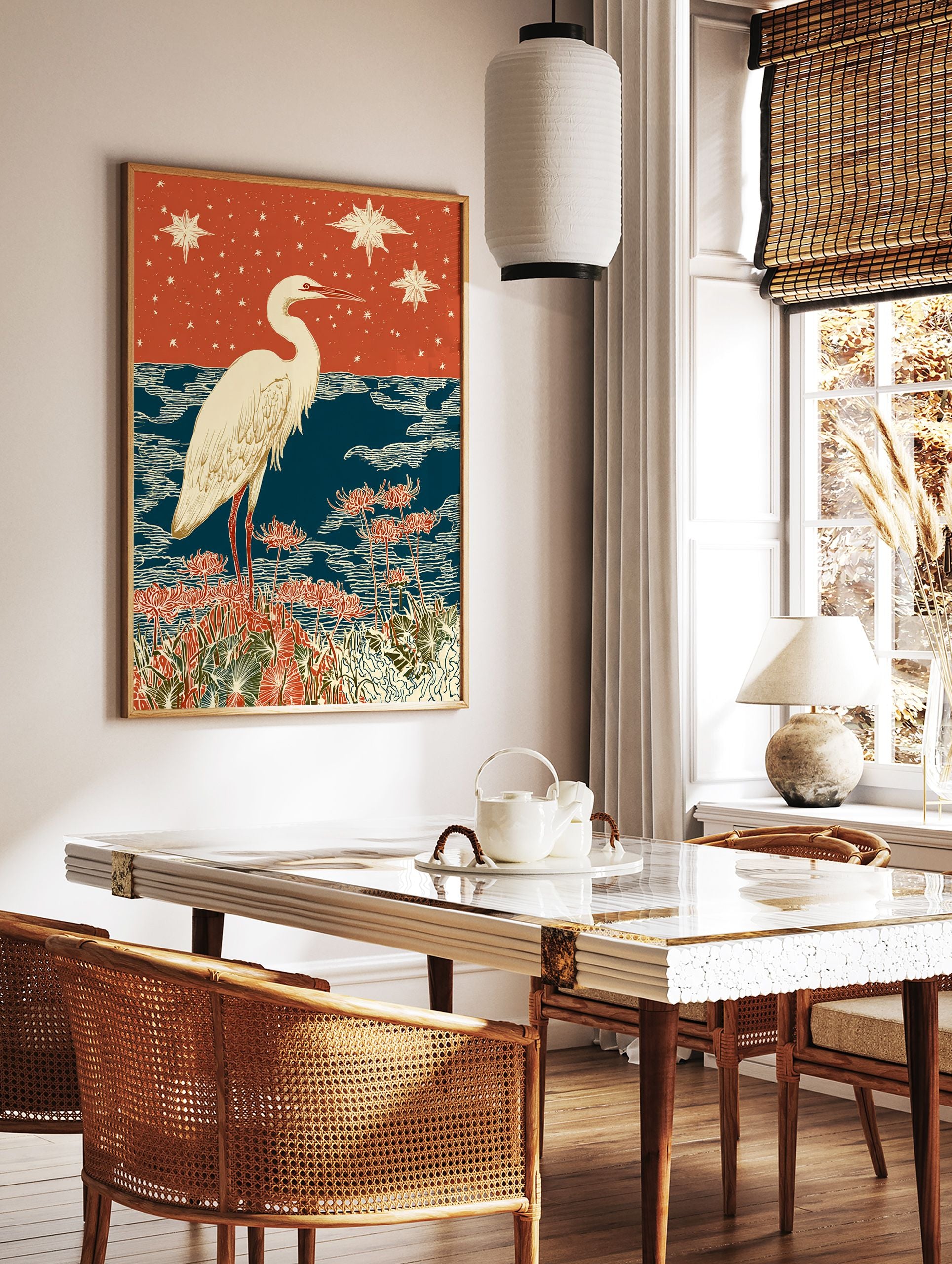 White egret bird standing in red spider lilies with blue water and a starry orange sky. Japanese egret wall art print. - Image 2