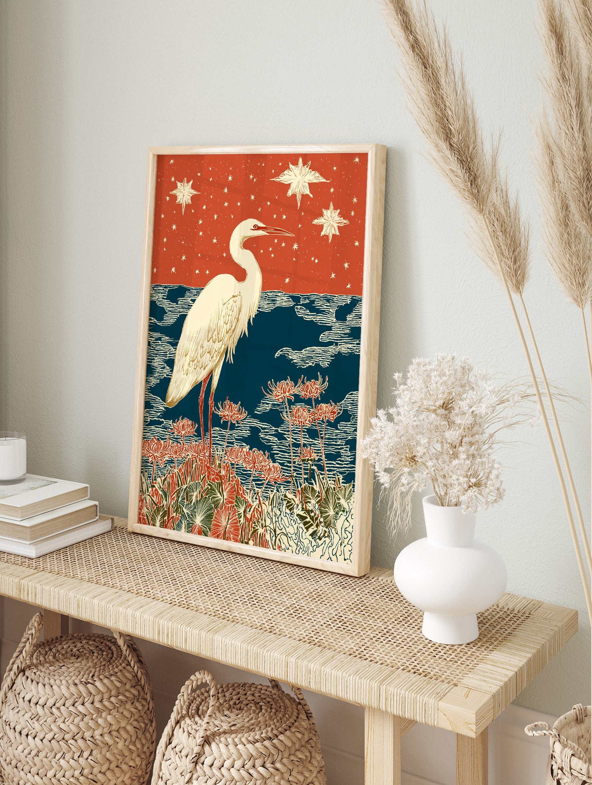 White egret bird standing in red spider lilies with blue water and a starry orange sky. Japanese egret wall art print. - Image 3