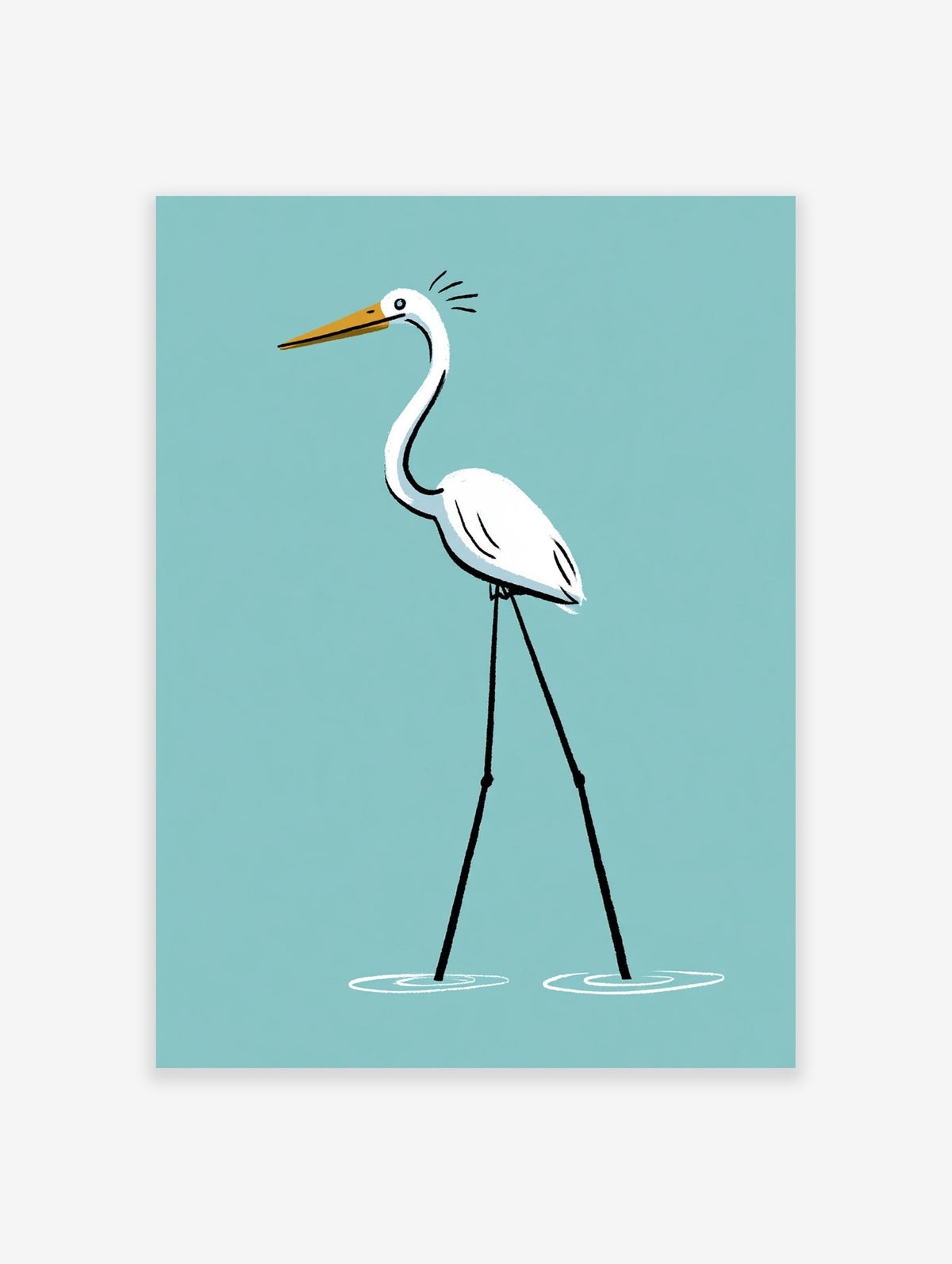 Minimalist white egret illustration with long legs and yellow beak on a light blue background wall art print
