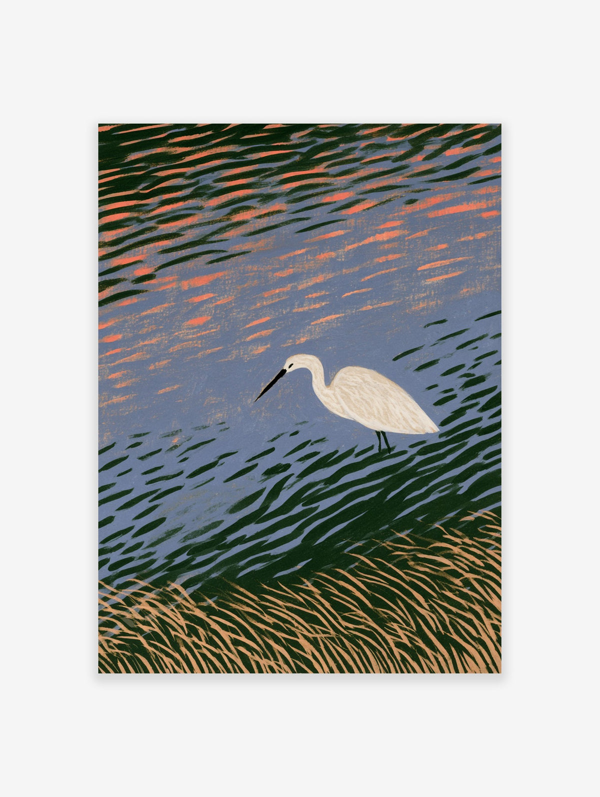 Minimalist egret bird illustration standing in blue water with golden reeds, painterly style wall art print