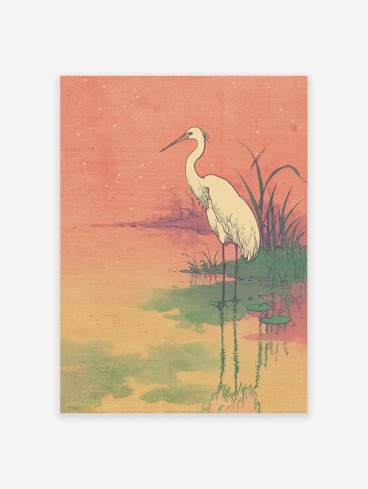 Egret Wall Art print featuring a white egret standing in a serene pond with lily pads under a warm, star-speckled orange sky, Ukiyo-e style.