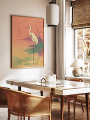 Egret Wall Art print featuring a white egret standing in a serene pond with lily pads under a warm, star-speckled orange sky, Ukiyo-e style. - Image 2