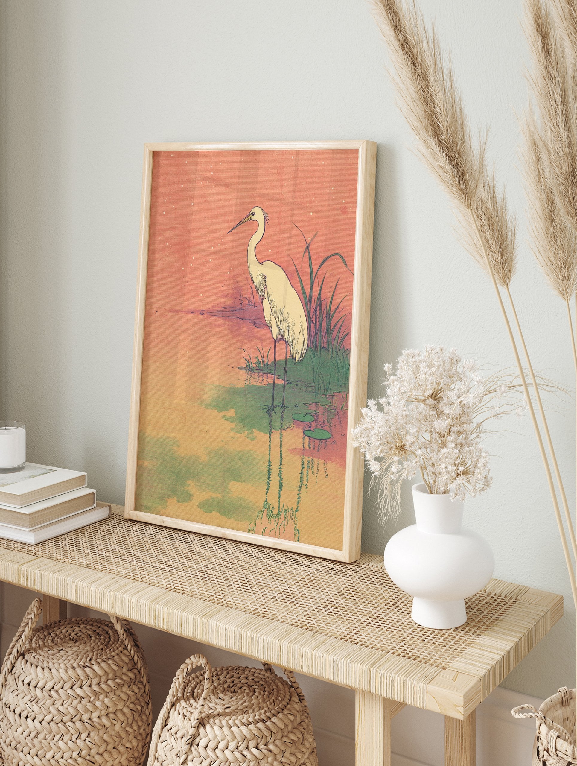 Egret Wall Art print featuring a white egret standing in a serene pond with lily pads under a warm, star-speckled orange sky, Ukiyo-e style. - Image 3