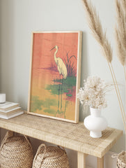 Egret Wall Art print featuring a white egret standing in a serene pond with lily pads under a warm, star-speckled orange sky, Ukiyo-e style. - Image 3