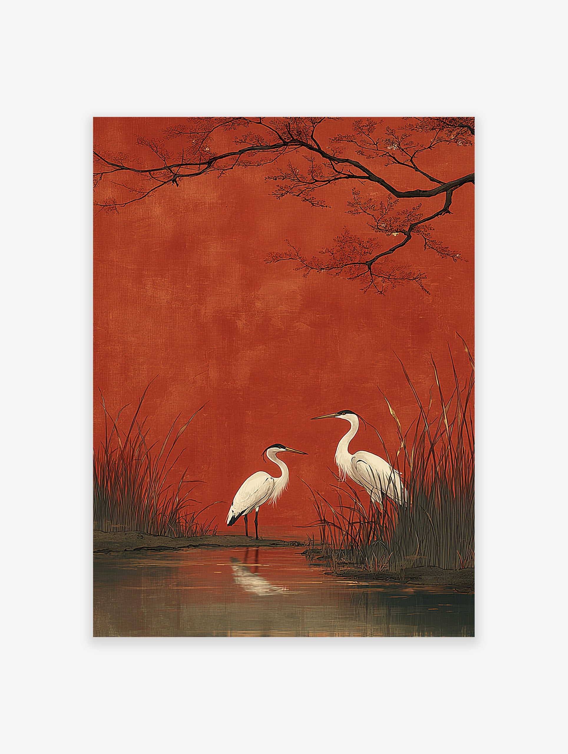 Two white egrets stand in a marsh with tall reeds and water reflections, set against a bold red background with dark tree branches. Japanese style egrets wall art.