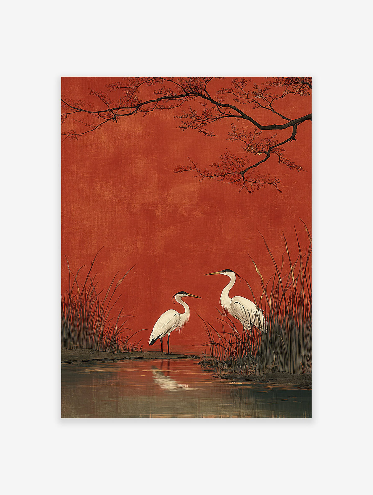 Two white egrets stand in a marsh with tall reeds and water reflections, set against a bold red background with dark tree branches. Japanese style egrets wall art.