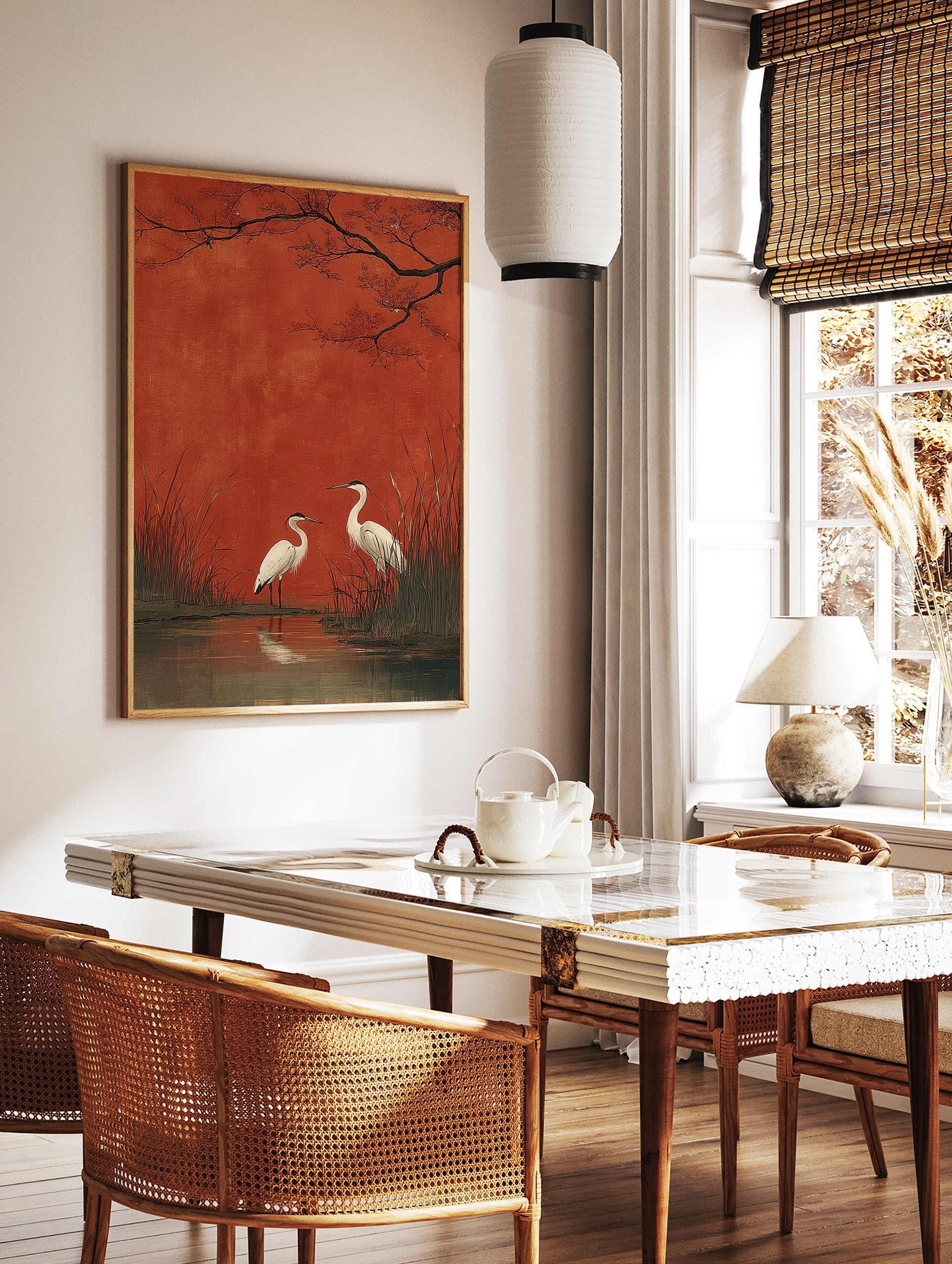 Two white egrets stand in a marsh with tall reeds and water reflections, set against a bold red background with dark tree branches. Japanese style egrets wall art. - Image 3
