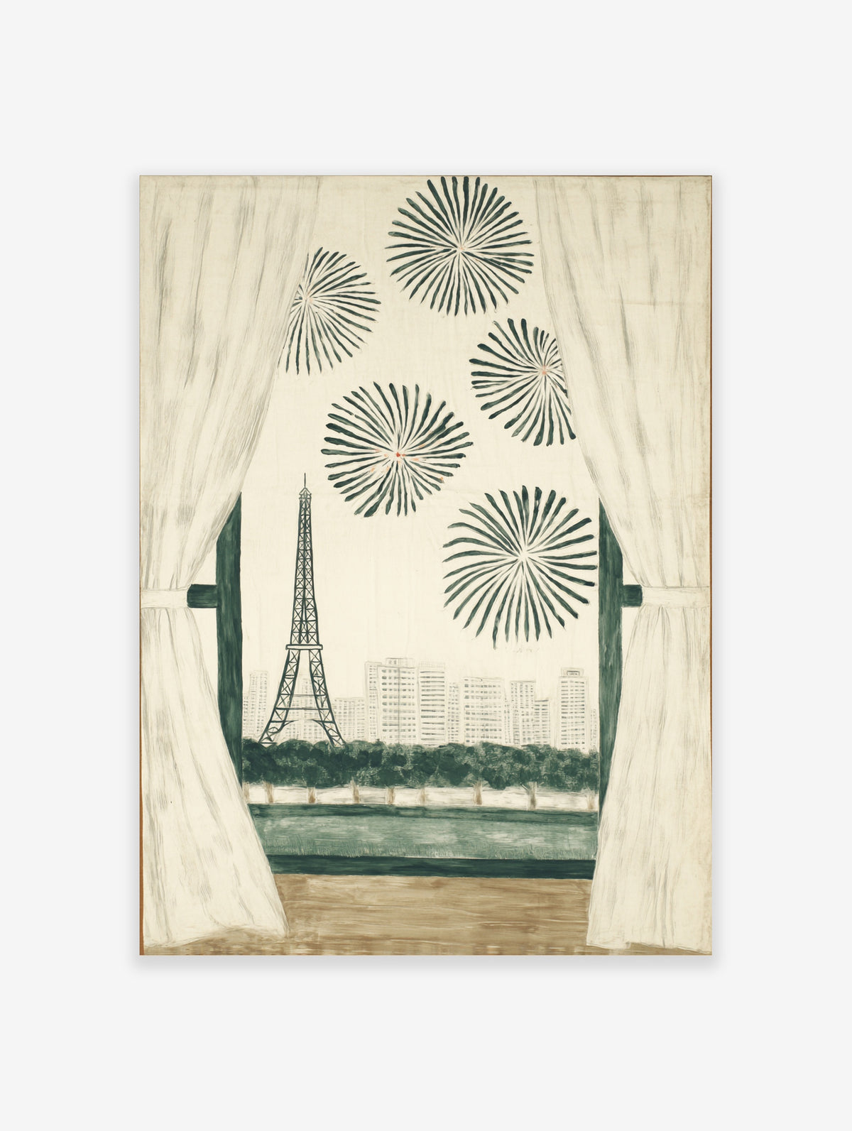 Eiffel Tower with green fireworks seen through window with curtains, unframed paper print
