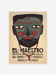 El Maestro Mexican art print with a mosaic-style mask in black, green, and red, and 'MCMXXII' text