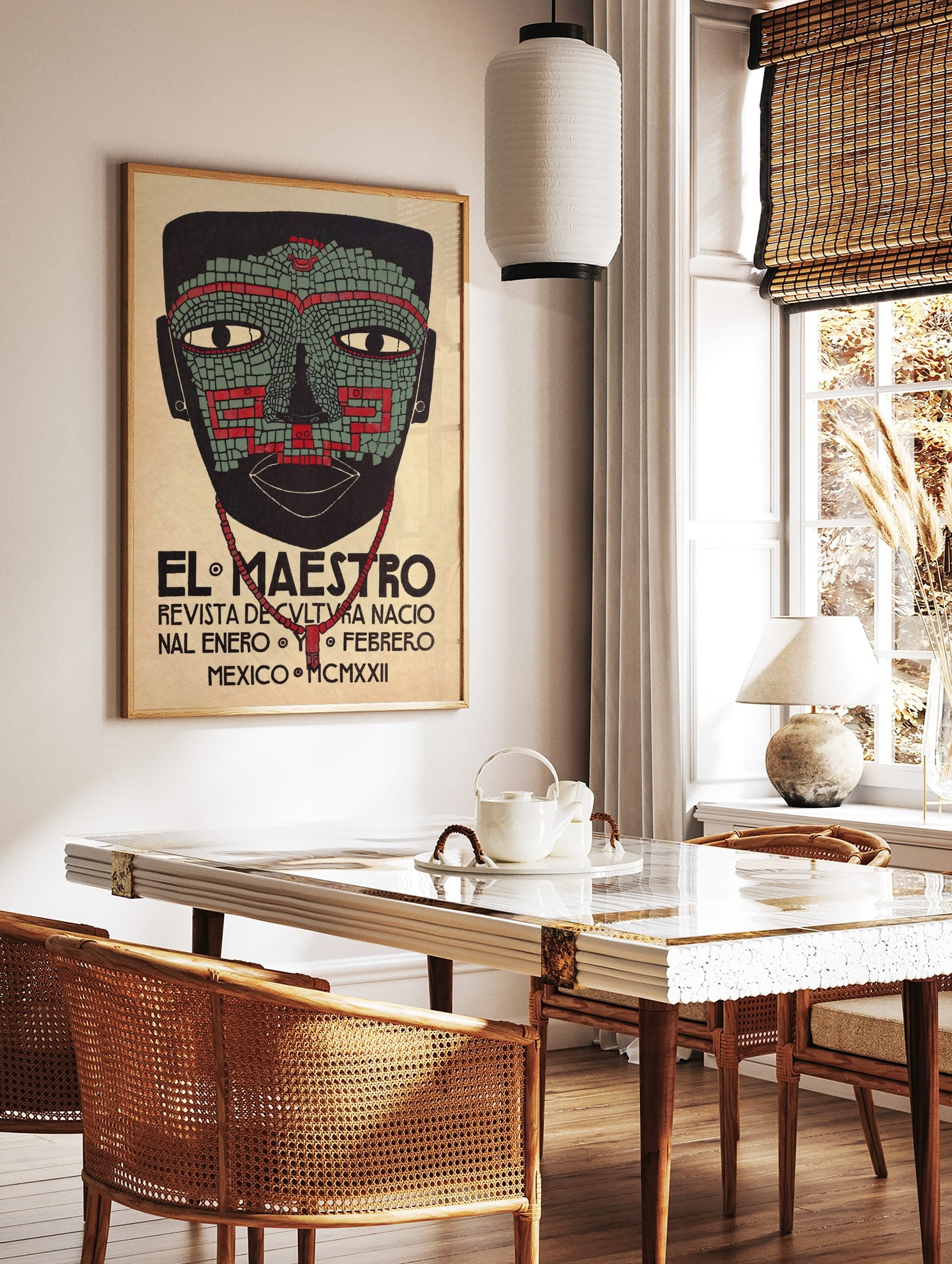 El Maestro Mexican art print with a mosaic-style mask in black, green, and red, and 'MCMXXII' text, in a styled room mockup