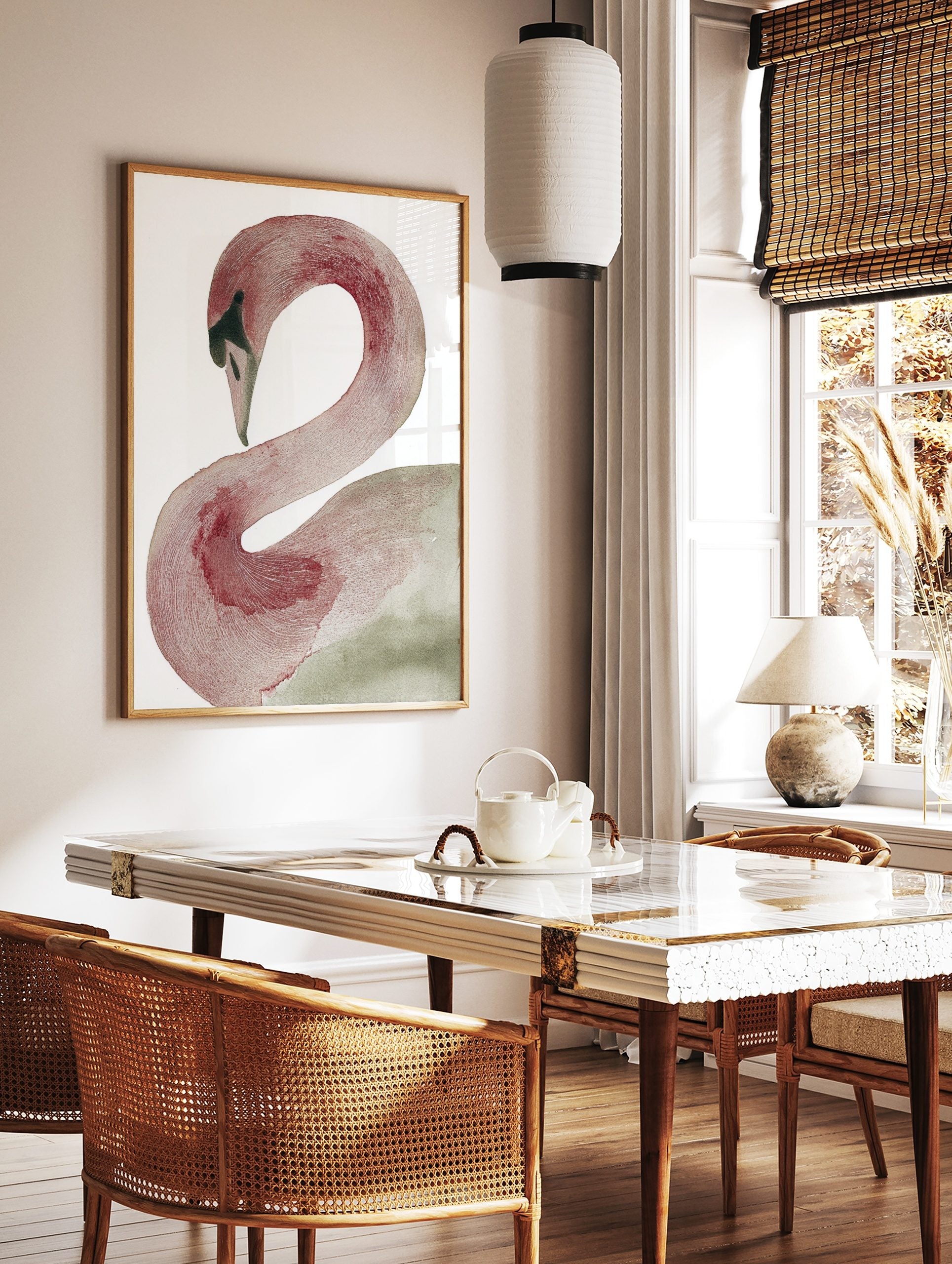 Elegant swan illustration art print with curved neck in reddish-brown and grey watercolour textures, in a styled room mockup