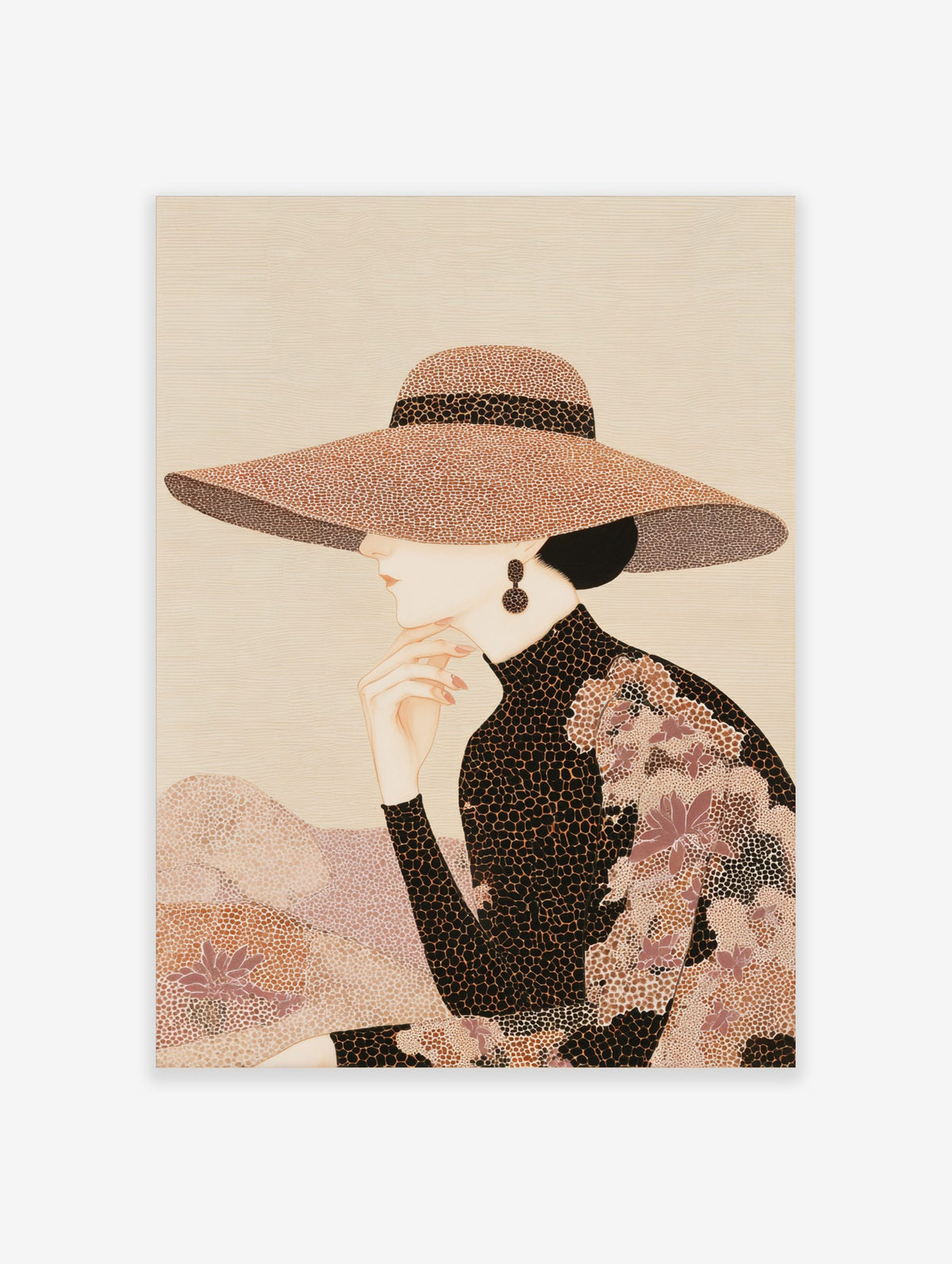 Elegant woman in profile wearing a wide-brimmed patterned hat and high-necked top, hand to chin, illustrative style